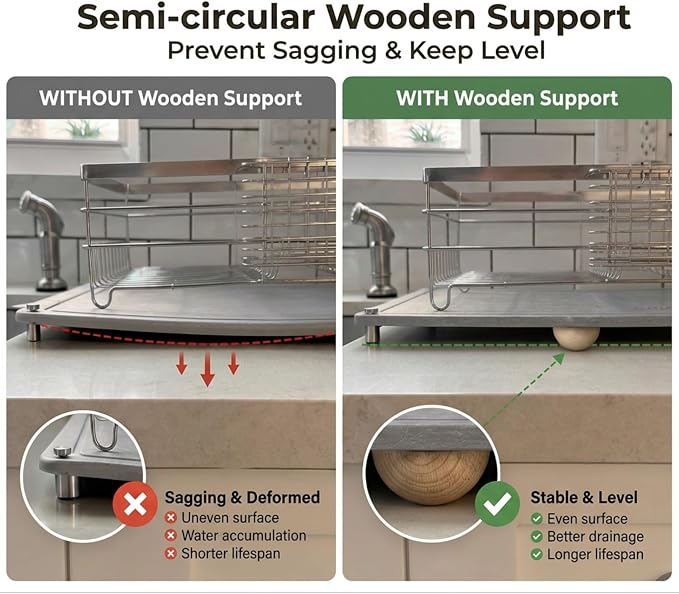Stone Drying Mat 24"x16" Stone Dish Drying Mat for Kitchen Counter | Natural Diatomaceous Earth Absorbs Fast While Elevated Steel Feet Improve Airflow And Curved Wood Supports Prevent Sagging