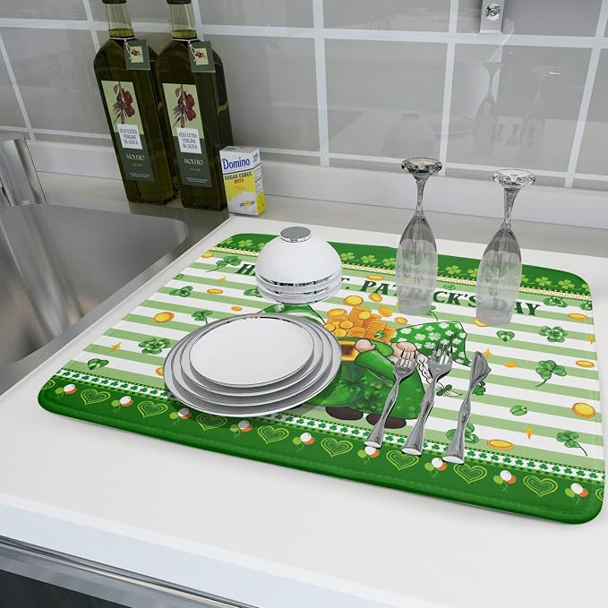 Shamrock Gnome Dish Drying Mat Coin Clover Dishes Fast Dry Mat 18x24 inch Absorbent Microfiber Dishware Drainer Pad for Kitchen Counter Sink