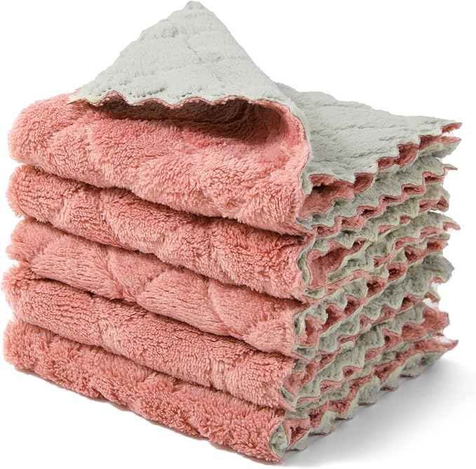 kimteny Cleaning Cloths Kitchen Towels Microfiber Washcloths Lint Free Dish Cloth Reusable Dishtowels Household Super Absorbent Fast Drying, 10"x10", Pack of 5 (Pink-Grey)