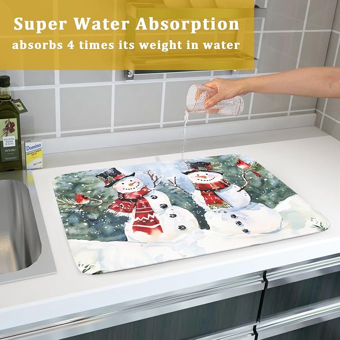 Winter Dish Drying Mat 18 x 24 Inch Xmas Snowman Pattern Dish Drying Pad Absorbent Microfiber Mats for Christmas Dish Rack Pad for Kitchen Counter Coffee Bar Decor