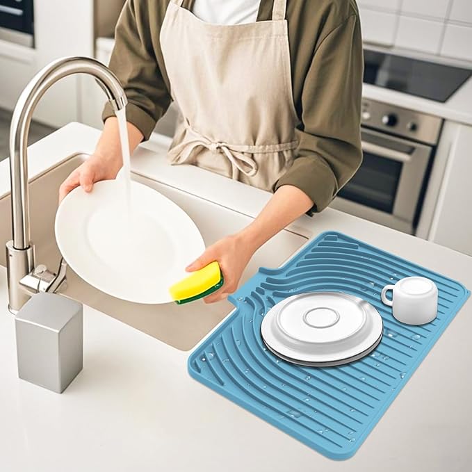 Dish Drying Mat for Kitchen Counter, with Built-in Drain Lip, Food-Grade Silicone, Easy Clean Pad for Countertop Protection, Multi-Functional Use (18x11.8, Light Blue)