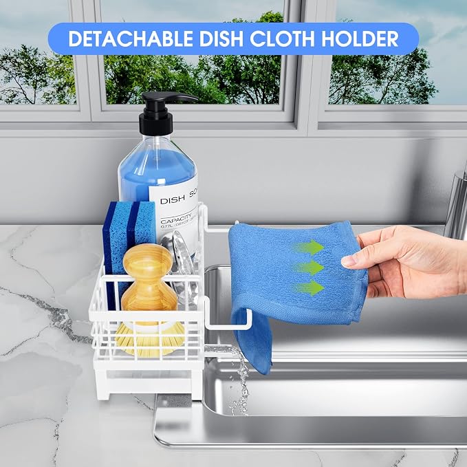 Kitchen Sink Sponge Holder - Self-Draining, Detachable Dish Cloth Holder, Rustproof Kitchen Countertop Organizer (White)