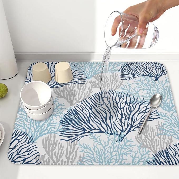 Beach Theme Dish Drying Mat for Kitchen Counter 16x18 Inch | Blue Coral，Polyester，Absorbent Microfiber，for Coffee Dining Decor