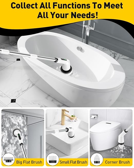 Electric Spin Scrubber for Cleaning Bathroom, Shower Scrubber Cordless Cleaning Brush with IPX7 Waterproof & 2 Speed, 3 Flat Brush Heads, Bathroom Cleaning Supplies for Shower Tub Kitchen Tile Toilet