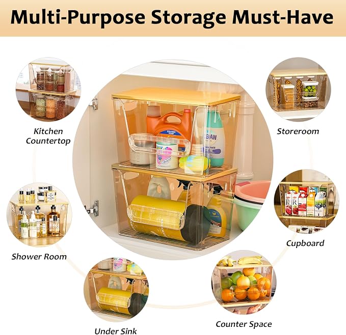 Delamu 2 Set Pantry Organizers and Storage,Trash Bag Dispenser with Bamboo Top,Stackable Trash Bag Dispenser Under Sink Organizer for 4-30 GalBags,Onion,Potato,Fruits,Amber(11-7/32"L*7" W*7-1/8"H)