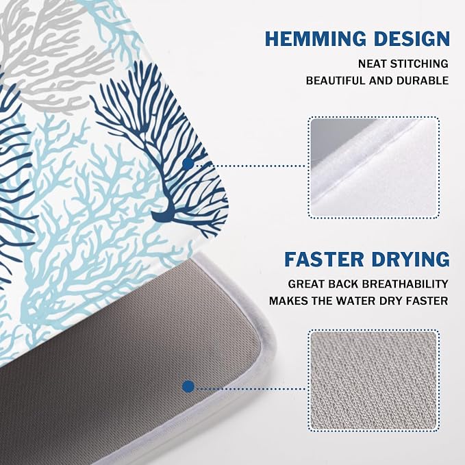 Beach Theme Dish Drying Mat for Kitchen Counter 18x24 Inch | Blue Coral，Polyester，Absorbent Microfiber，for Coffee Dining Decor