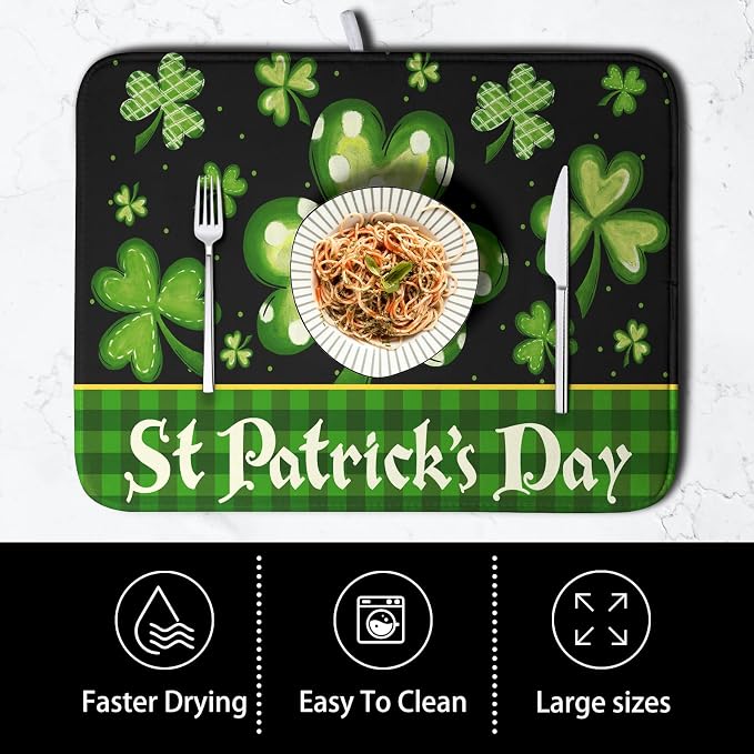 Happy St. Patrick's Day Kitchen Drying Mat Green Plaid Lucky Shamrock Clover Dish Drying Mat St Patrick's Day Super Absorbent Dish Dry Pad Microfiber Dish Drainer Mats for Kitchen Counter 18x24 Inch