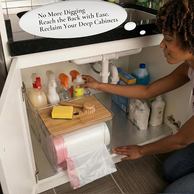 Hudgan 2 in 1 Acrylic Trash Bag Dispenser Under Sink, Garbage Bags Holder with Stackable Bamboo Top for Kitchen, Pantry, Laundry Room
