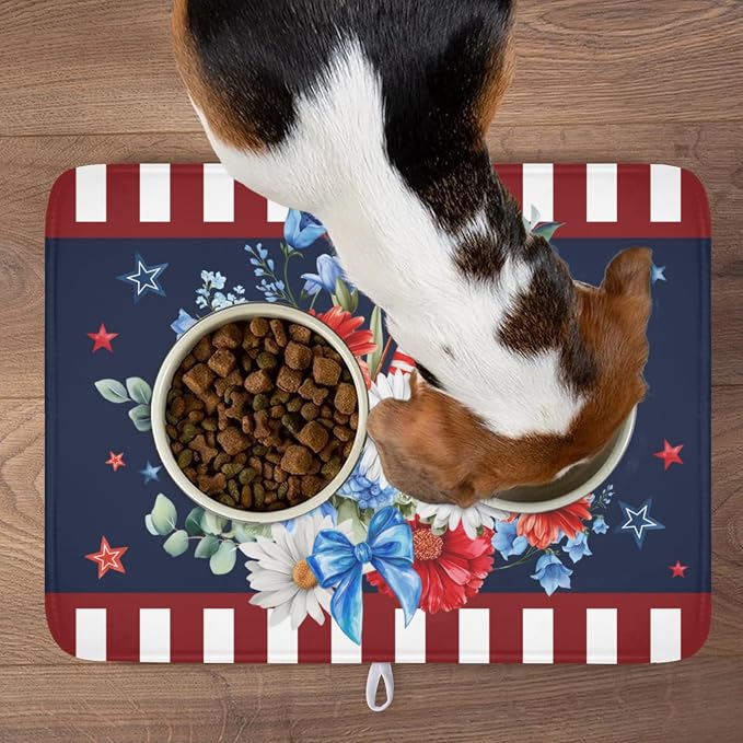 4th of July Dish Drying Mat for Kitchen Counter Patriotic Red Blue and White Floral American Flag Microfiber Dish Drainer Mat Absorbent Washable Drying Pad Extra Large 18"x24"