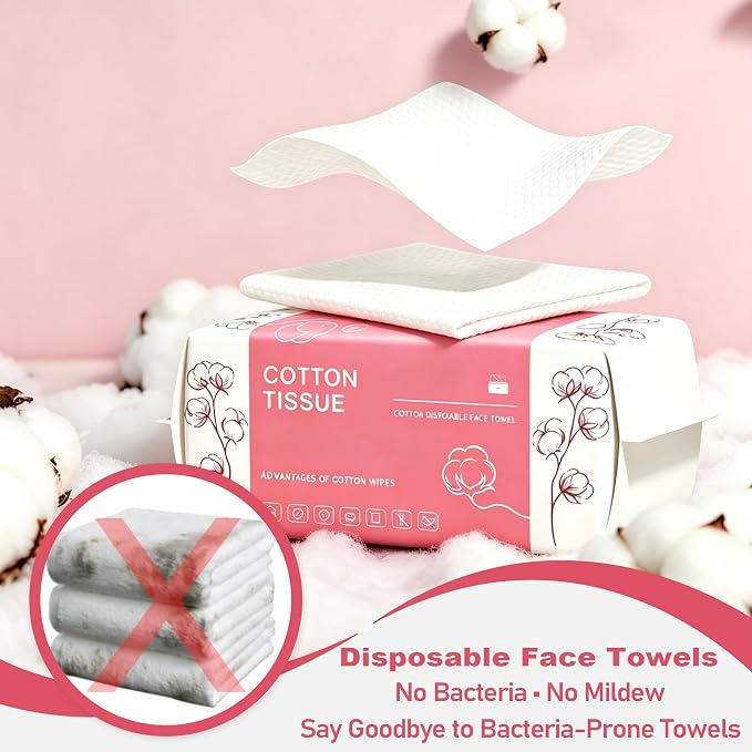 100 Count Disposable Face Towel, Dual-Textured Facial Wash Cloth | Ultra Thick Soft Cotton Disposable Washcloths for Washing & Drying, Facial Tissue for Cleansing, Skincare and Makeup Remover