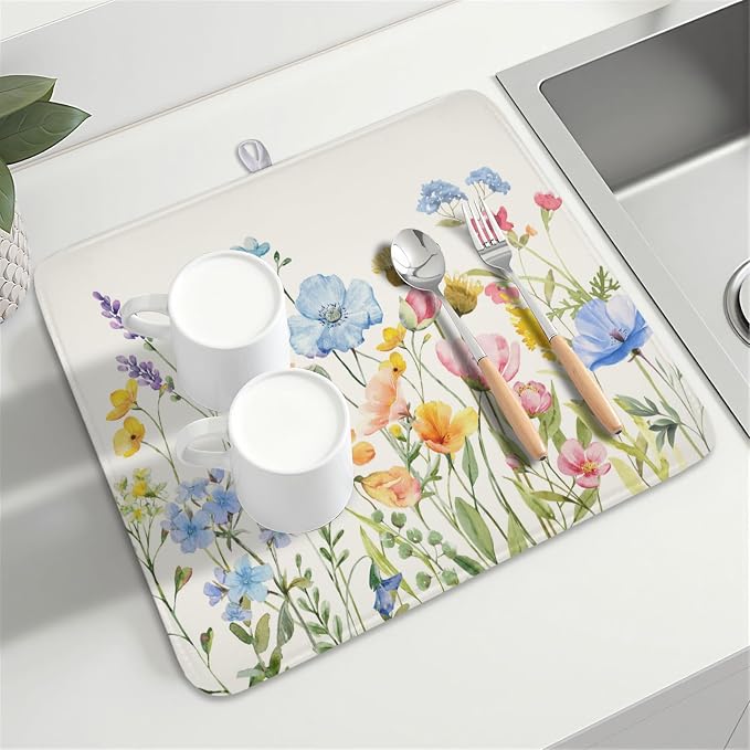 Botanical Floral Dish Drying Mat for Kitchen Counter 16x18 Inch | Wildflower，Polyester，Absorbent Microfiber，for Kitchen Coffee Dining Bar Decor