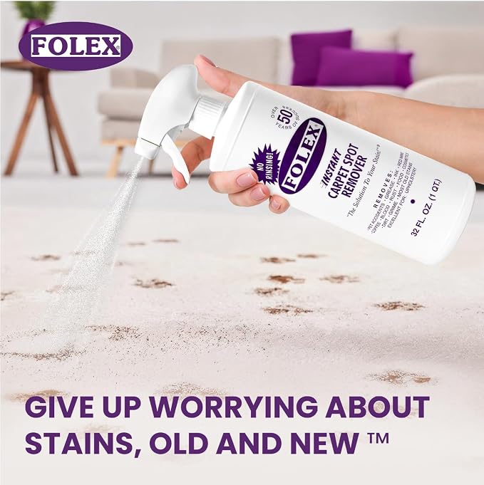 FOLEX Instant Carpet Spot Remover 32 oz – Powerful Stain Remover for Carpets, Upholstery & Rugs – Eliminates Pet Stains, Grease, Red Wine, Food, Makeup & More – With Reusable Cleaning Cloth - 2 Pack
