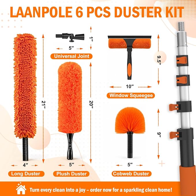 LAANPOLE 36FT High Reach Duster Cleaning Kit with Extension Pole, High Ceiling Fan Cleaner Duster Tool for Fan Blades, Window Washing Kit with Microfiber Feather Duster & Window Squeegee