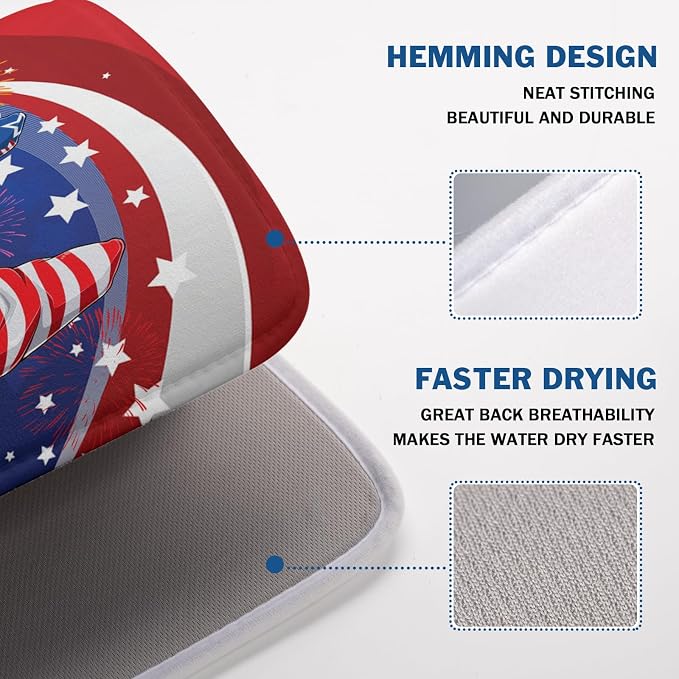 Kawani 4th of July Dish Drying Mat 18x24 Inch Spring Summer Patrioti Gnome Memorial Kitchen Mats Independece Day Absorbent Dishes Pad for Kitchen Counter Usa Stars Drying Mat Home Decor Countertops