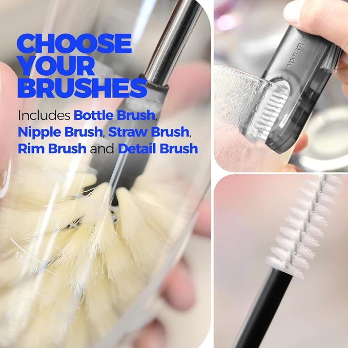 Holikme 6 Pack Bottle Brush Tube Set, 14" Long Handle Stainless Steel Bottle Cleaner Brush, 3 Straw Brushes, Portable 3-in-1 Bottle Cleaning Brush for Water Bottle Cups Baby Bottle Straws, Yellow
