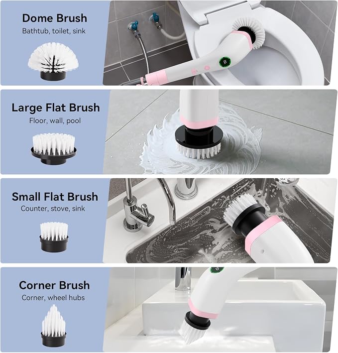 Electric Bathroom Cleaning Brush Cordless Shower Scrubber SD-CTB01 | Spin Scrubber Full Body Waterproof IPX7 with Adjustable Handle, 8 Replaceable Brush Heads for Bathtub/Kitchen/Window/Home