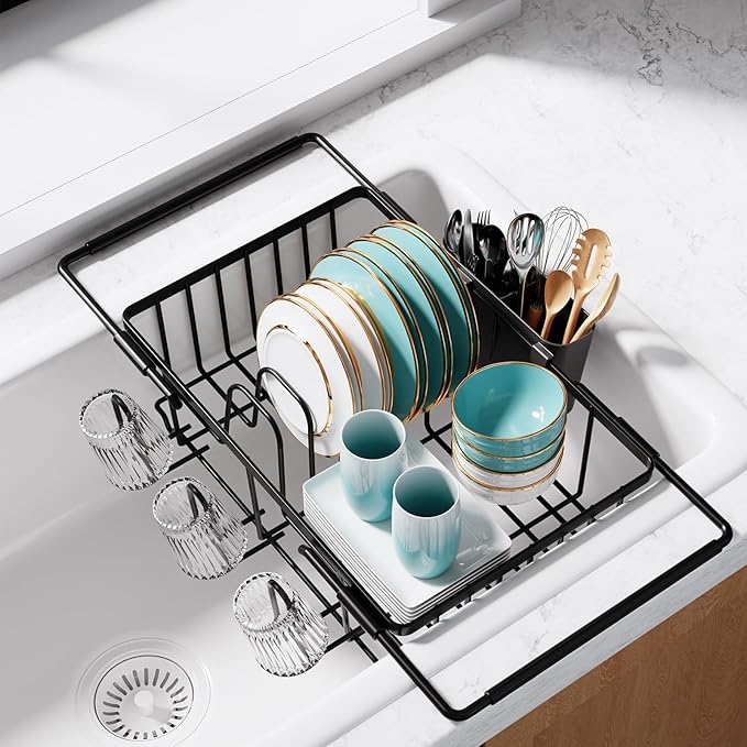 Sakugi Dish Drying Rack in Sink - Expandable Stainless Steel Dish Rack Over The Sink, Kitchen Sink Drain Strainer with Cutlery Holder & Cup Holders, 15.4 x 11.3 x 6.6 Inch, Black