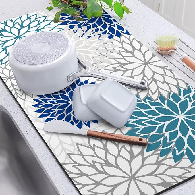 Findosom 2PCS 12" x 20" Dish Drying Mat & 24" x 5.5" Sink Splash Guard, Super Absorbent & Cuttable Dish Mat Drying Kitchen Mat with Blue Floral, Hide Stain Drying Mat for Kitchen Counter