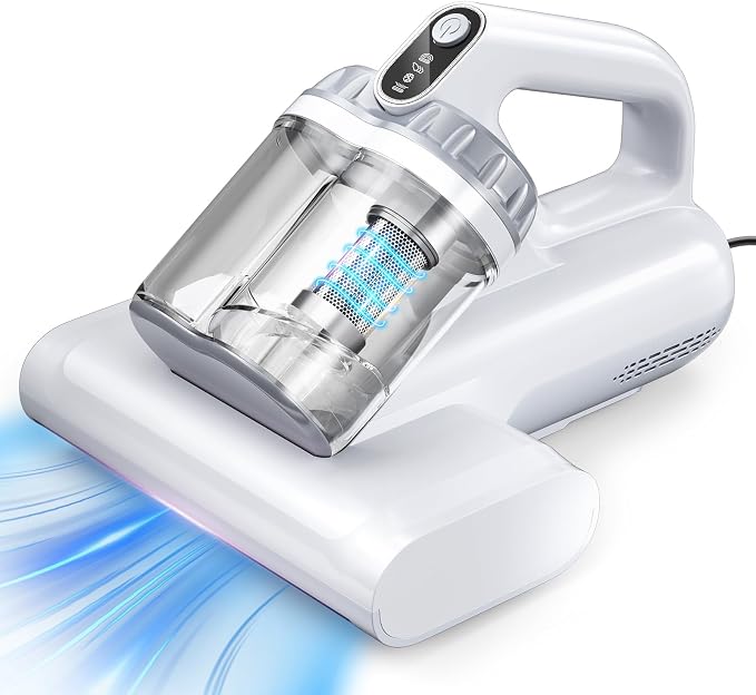 BYHUME Mattress Vacuum Cleaner, 17Kpa 650W Bed Vacuum Cleaner, 273nm UV-C Light & Ultrasonic 145°F Heating, 80000 RPM/Min Brushroll Rotation, Wide Suction Port for Pillows Cribs Sofa, White Corded