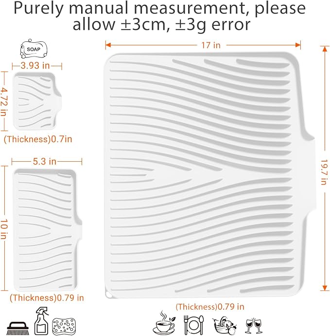Silicone Dish Drying Mat for Kitchen counter, 19.7"x17" Extra Large Non-Slip Drain Pad with Built-in Drainage, Heat Resistant Dishwasher Safe, Ivory