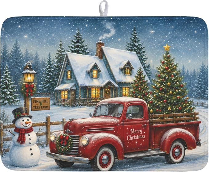 Merry Christmas Dish Drying Mat for Kitchen Counter 18x24 Inch Snowman Truck Dish Drainer Mat Absorbent Microfiber Winter Snowflake Dish Rack Pad for Coffee Dining Bar Decor