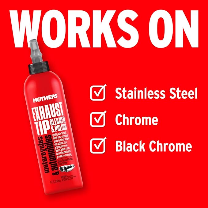 Mothers Exhaust Tip Cleaner & Polish, 8 oz. (05138) | Cleans, Polishes & Protects Stainless Steel, Chrome & Black Chrome Tips, Removes Baked-on Carbon, Soot & Tarnish