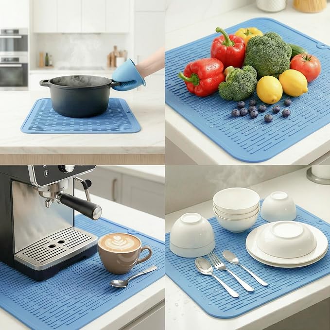 MicoYang Silicone Dish Drying Mat for Multiple Usage,Easy clean,Eco-friendly,Heat-resistant Silicone Mat for Kitchen Counter or Sink,Refrigerator or Drawer Liner Light Blue XL 18 inches x 16 inches