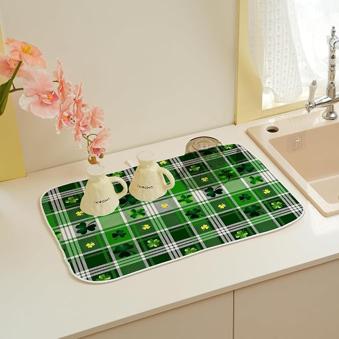 St. Patrick's Day Dish Drying Mat 18 x 24 Inch Green Buffalo Plaid Shamrock Drying Mat for Kitchen Counter Absorbent Spring Gold Green Clover Dishes Dry Pad for Drainer Rack Kitchen Fast Dry