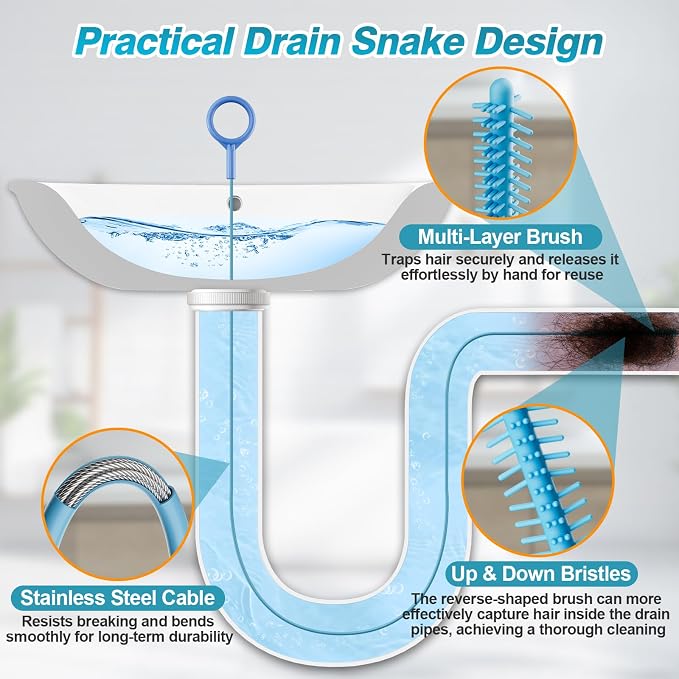 4 Pack 50 Inch Drain Snake Hair Drain Clog Remover Tool for Bathroom Sink | Reusable Brush, 50-Inch Break-Resistant Steel Wire Rope with Nylon Coating, 0.27-inch wand for Shower Drain Cleaning