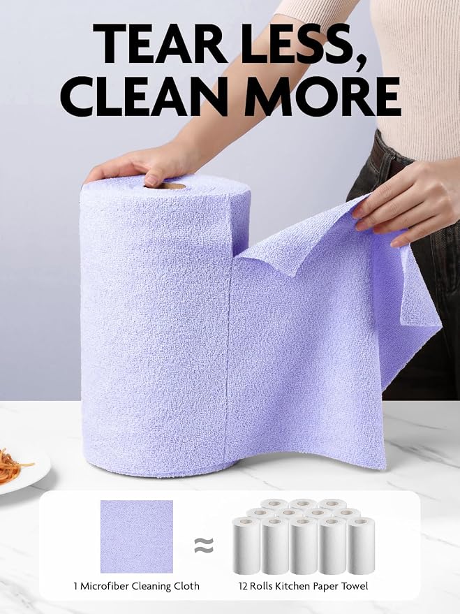 Fantasticlean Microfiber Cleaning Cloth Roll- 75 Sheets, 12"x12" (Lavender) | Super Absorbent, Lint-free, Tear-away Microfiber Towel Roll, for All-Purpose Cleaning, Reusable Alternative to Paper Towels