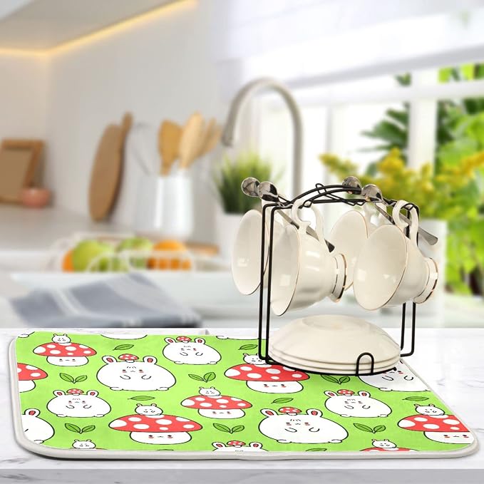 Absorbent Dish Drying Mat for Kitchen Counter - Cartoon Mushroom Rabbit Microfiber Drying Pad, Reversible Drainer Mats for Countertop, Large 18" x 24"