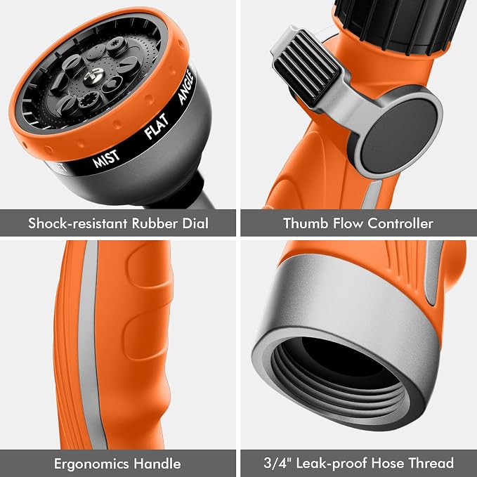 RESTMO Watering Wand Heavy Duty, 15-Inch Long Hose Nozzle Sprayer | 10 Spray Patterns & Thumb Flow Control, Metal Garden Hose Wand for Water Hanging Baskets and Shrubs, Orange