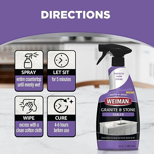 Weiman Granite & Stone Sealer Spray - Protects Kitchen Countertops, Sinks, Showers, Vanities & Floors From Stains - For Granite, Quartz, Marble, Tile, Limestone, Slate - Water Based, 24 oz
