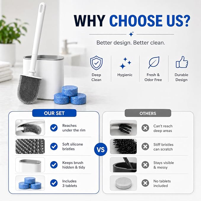 Silicone Toilet Brush and Holder Set with 3 Cleaning Tablets, Quick-Dry Base, Flexible Non-Scratch Bristles, Odor-Free Bathroom Toilet Bowl Cleaner Brush, Compact Space-Saving Design