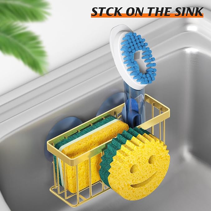 MURLONG Sponge Holder Smiley Face, Sink Caddy for Kitchen Sink, Sink Organizer Sponge Holder with 2 PCS Suction Cups/1 PCS Adhesive Strips, Designed for Sponge, Soap, Dish Brush, Scrubber-Gold
