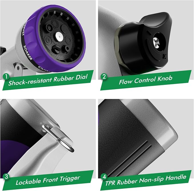 RESTMO Garden Hose Nozzle, Heavy Duty Metal Water Hose Nozzle with 7 Adjustable Spray Patterns, High Pressure Hand Sprayer with Flow Control, Best for Watering Plant & Lawn, Washing Car & Pet, Purple
