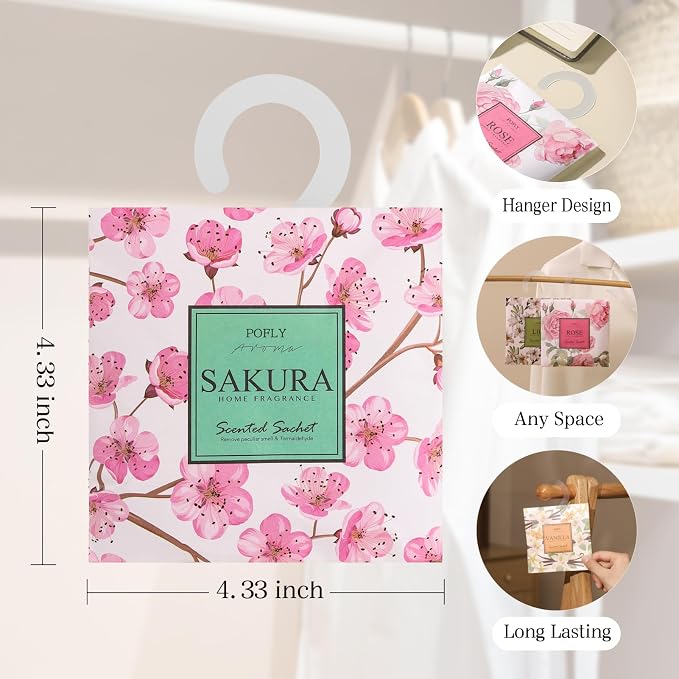 12 Pack Sakura Scented Sachets, Air Freshener for Home & Small Spaces | Hanging Sachet Bags with Retractable Hook; Closet Deodorizer & Odor Eliminator for Drawers, Shoe Cabinets, Cars & Luggage