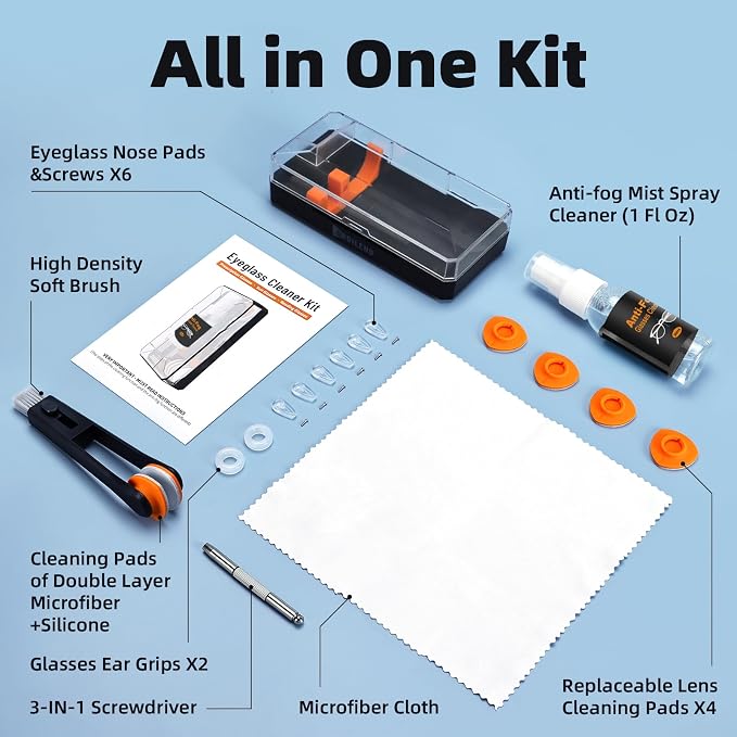 Glasses Cleaner Eyeglass Cleaning Kit with Anti Fog Spray, Microfiber Cloth | Streak-Free Cleaning Pads，Lens Wipes for Sunglasses Camera Lenses, Includes Screwdriver, Nose Pads, Ear Grips, Storage Case