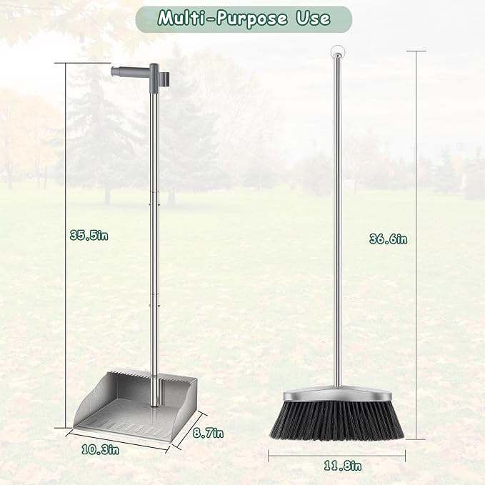 Dustpan with Broom Set,Long Handle Stainless Steel Dustpan and Broom Combo | Heavy Duty Metal Standing Dust Pan with Teeth & Soft Bristles Broom,Indoor Outdoor Dust Pan Broom for Home Office Lobby Floor