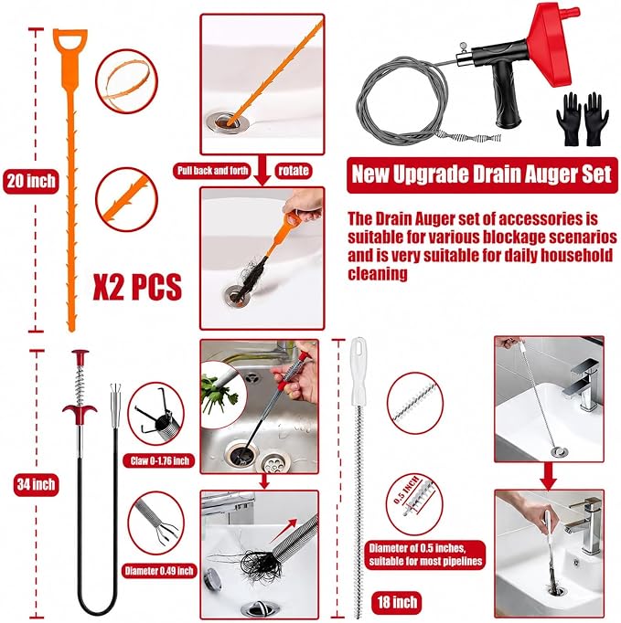 Drain Snake Auger, 33 Feet Plumbing Snake Drain Hair Clog Removal Tool, Heavy Duty Snake Auger, Sink Unclogger Drain Cleaner Tool for Bathroom Kitchen Tub Shower Drain Clog Remover with Gloves, Red