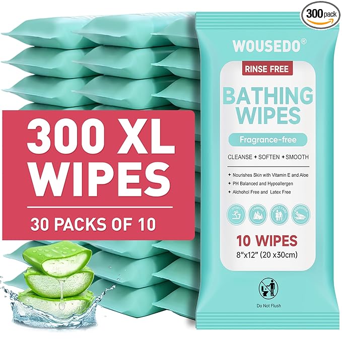 300 XL Shower Wipes, Body Wipes for Adults Bathing No Rinse | Hypoallergenic Unscented with Aloe & Vitamin E, Ideal for Camping, Travel, Gym & Bedridden Care, 30 Packs of 10