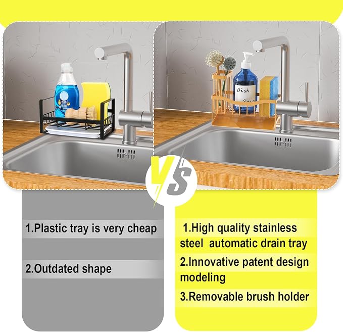 Fssvcd Maifan Sink Caddy Sponge Holder for Kitchen with Brush Holder and Stainless Steel Self Drain Tray, Rustproof Kitchen Sink Organizer for Sponge, Soap Dispenser Storage Accessories