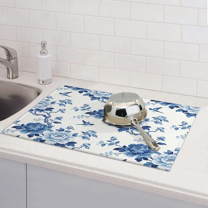 Chinoiserie Dish Drying Mat, for Kitchen Counter Microfiber Absorbent, Blue and White Dish Draining Mat Extra Large 18"x24"