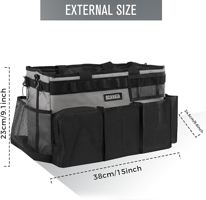 SCAVATA Wearable Cleaning Caddy Bag, Cleaning Caddy Supplies Organizer with Handle & Shoulder Straps for Housekeepers, Under Sink & Car Cleaning Tool Organizers with 4 Foldable Divider (Grey)