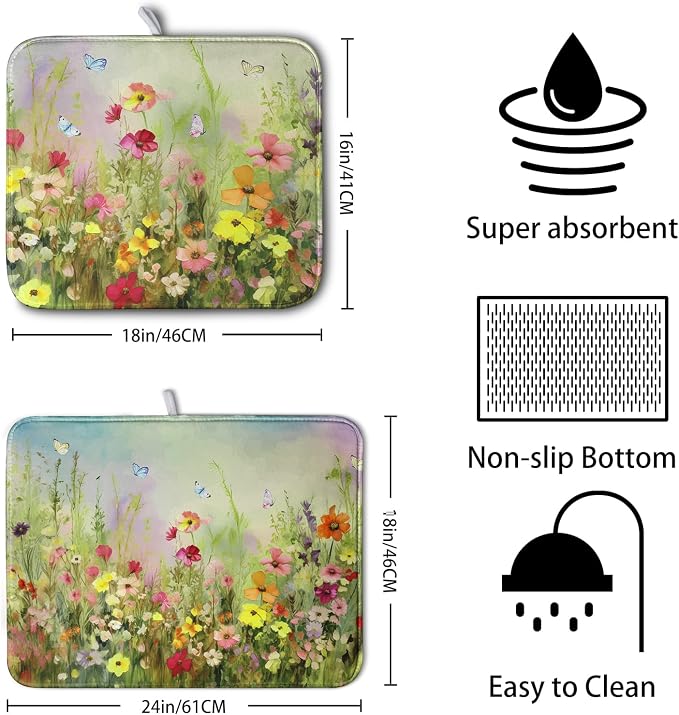 Spring Floral Dish Drying Mat for Kitchen Counter 16x18 Inch Sage Green Wild Flowers Drying Mats Spring Summer Plant Microfiber Absorbent Dish Rack Pad for Coffee Bar Sinks Home Accessories