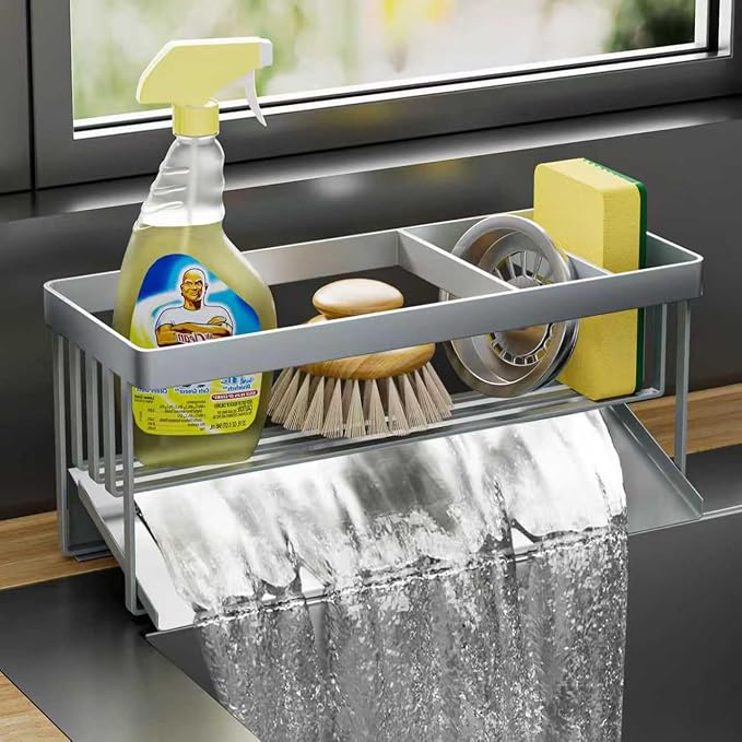 Kitchen Sink Caddy Organzier with Sponge Holder and Removable Drip Tray for Kitchen Sink, 304 Stainless Steel Organize for Sponge Soap Dish Brush Storage Accessories(Silver)