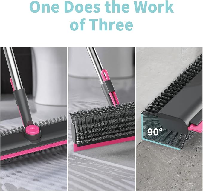 AIR U+ Floor Scrub Brush with Long Handle, 3-in-1 Rotating Head & Squeegee | Stiff Dual-Sided Bristles for Shower, Bathroom, Kitchen and Patio, 30–50 In Handle for Easier Stand-Up Cleaning, Gray & Pink