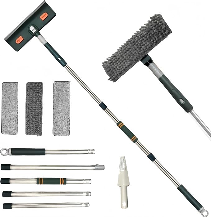 4 in 1 Window Squeegee Cleaner Set,Long Squeegee for Window Cleaning with 81" Adjustable Extendable Pole,Professional Long-Handled Window Washing Kit for Home,Outdoor Windows, Glass, Floor