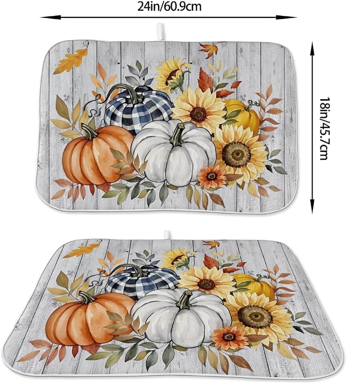 Fall Dish Drying Mat 18 x 24 Inch Thanksgiving Sunflower Pumpkin Drying Mat for Kitchen Counter Absorbent Farmhouse Harvest Autumn Maple Leaf Dishes Dry Pad for Drainer Rack Kitchen Fast Dry