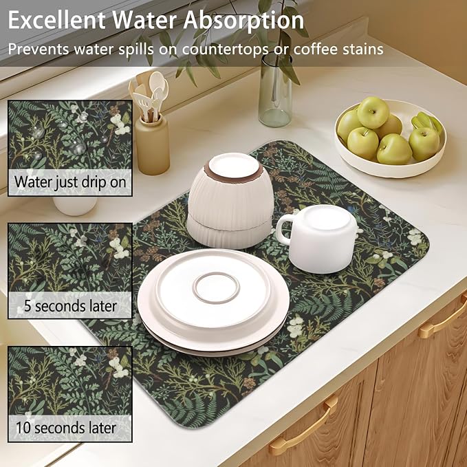 Dish Drying Mat 2-Pack with Botanical for Kitchen Counter Absorbent Dishes | Diatom Mud Mats (18x24, 19.5x12"). Non-slip rubber back for kitchen counter, coffee bar & sink scenes